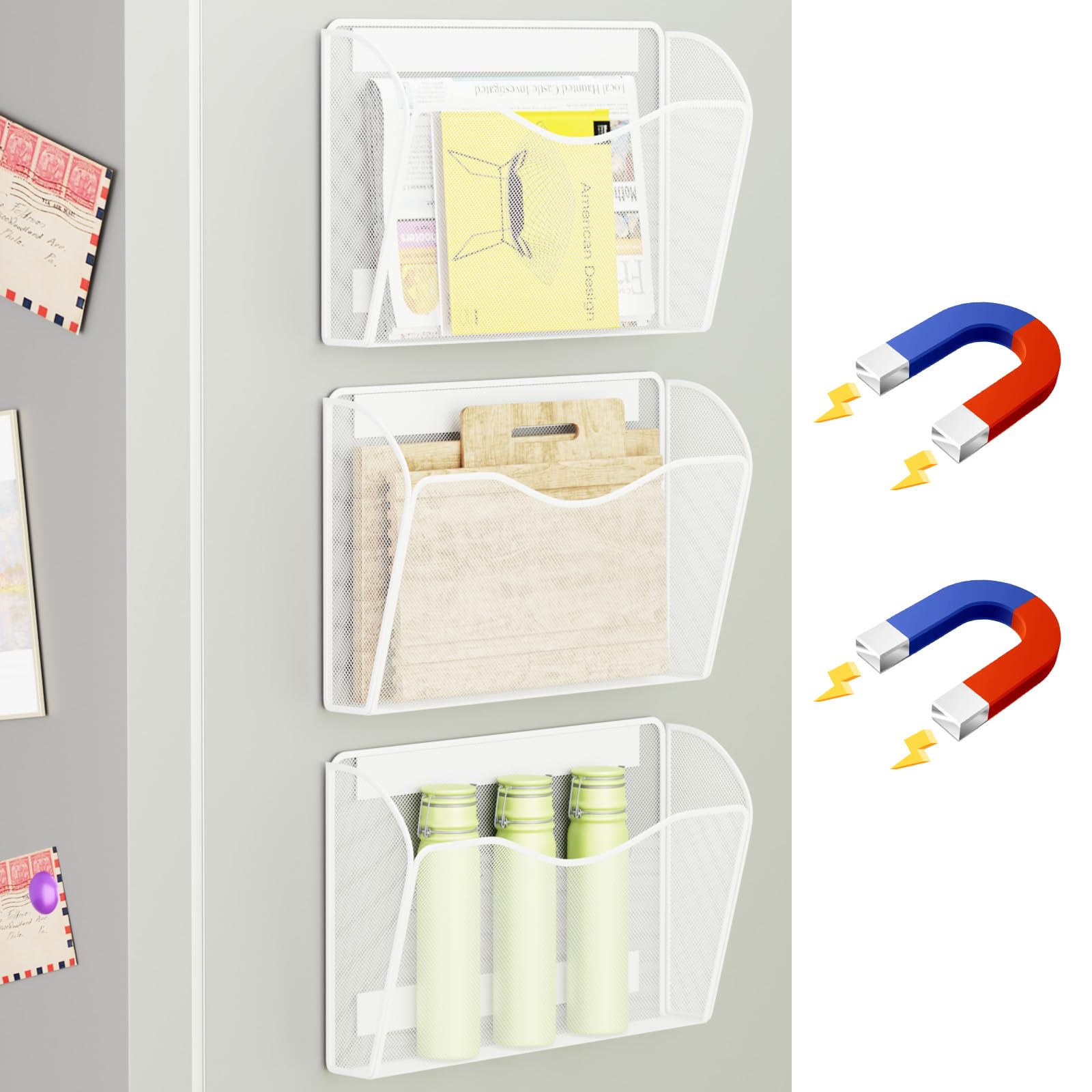 GDINDINFAN Magnetic File Holder - Heavy Duty Wall File Organizer for Refrigerator & Whiteboard - Strong Magnet Mail Holder & Magazine Rack, No