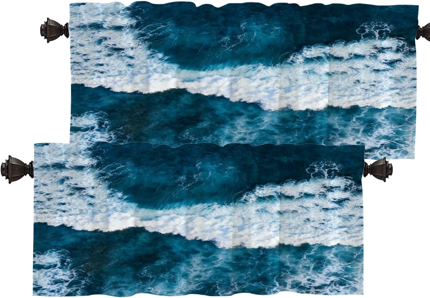 Batmerry Ocean Wave Blue Earth Sea Kitchen Valances Half Window Curtain, Ocean Waves Patterns Kitchen Tiers for Windows Bedroom Heat Insulated Drapes for Home Decor Reducing The Light,Set of 2