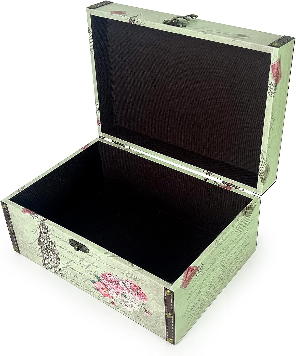 DreamsEden Small Wooden Decorative Storage Box with Handle - Wood Leather Treasure Chest Trunk Keepsake Vintage Suitcase, 11.8" x 7.8" x 5.9" (Tower)