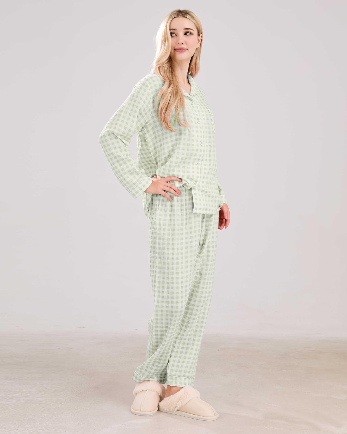 Womens Pajama Sets Cotton Gauze Plaid Long Sleeve Tops and Pants 2 Piece Loungewear Cute Gingham Pj Set - Image 6