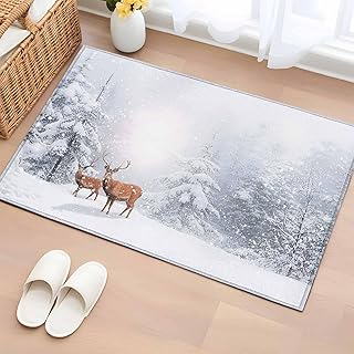 Entryway Rug 2'x3', Christmas Non Slip Door Mat Indoor Entrance, Winter Deer Pine Trees Nature Snow Scene Washable Small Area Rugs Low Pile Front Door Rugs for Kitchen Bathroom