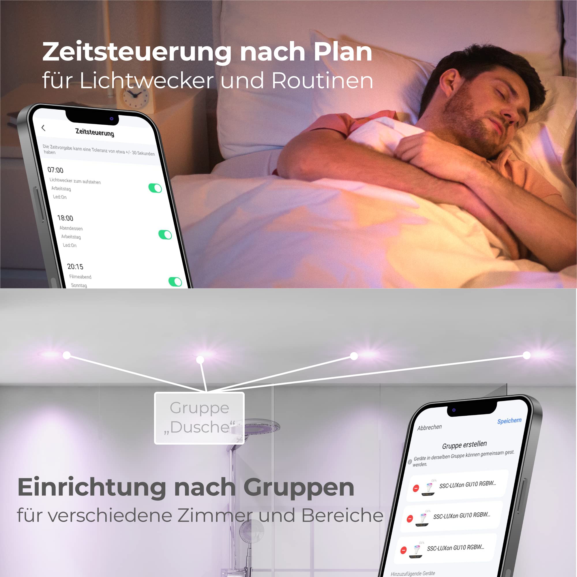 SSC-LUXon 3x BEDA Bad Einbaustrahler IP65 flach dimmbar Smart inkl. WiFi LED Lampe (RGB & Weißtöne) - Spot kompatibel mit Alexa, Siri & Google
