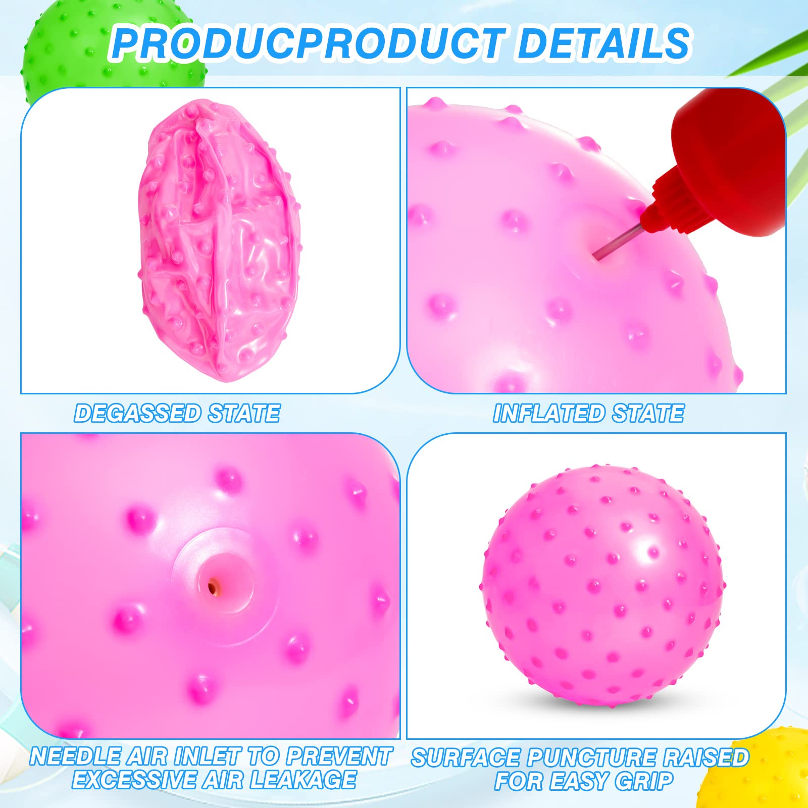 Paquete de 100 bolas Knobby a granel con 1 bomba de aire de 5.5 pulgadas, juguete sensorial de plástico hinchable, globo pequeño, juguete inflable para masaje, estrés y estrés, bolas de juegos 4