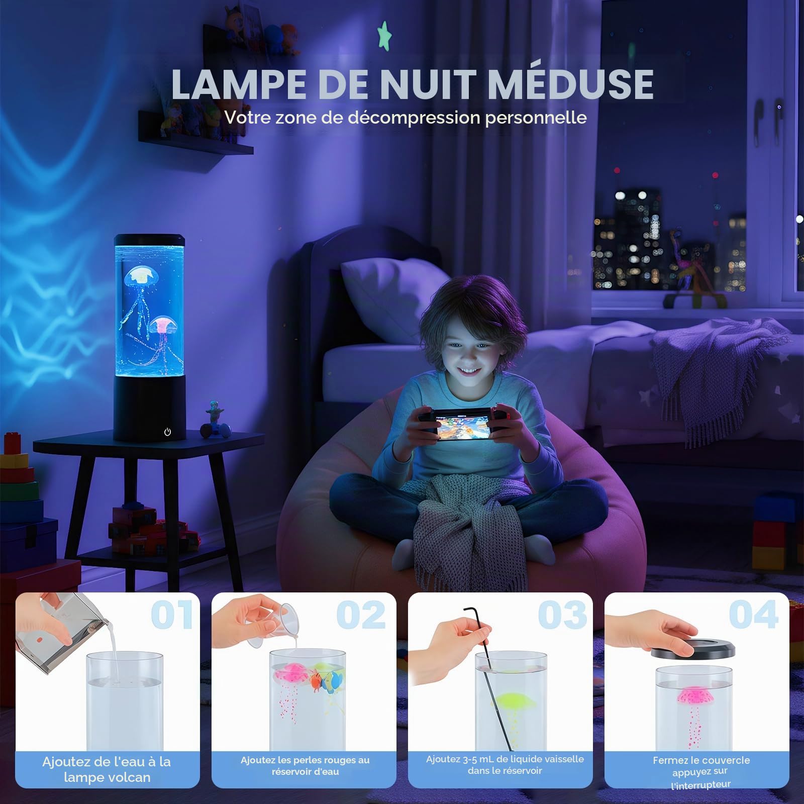 Lampe Méduse 20 cm,USB Alimentation 7 Couleurs Changeantes,Lampe d'Ambiance Apaisante avec Méduses Flottantes pour Décor Salon,Chambre, Bureau