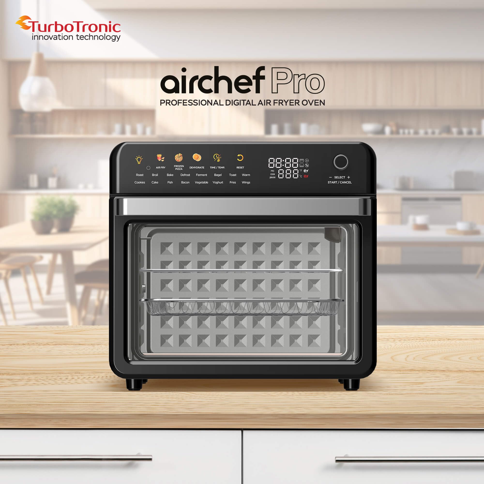 TurboTronic Multi-Smart-Ofen - 19in1 Heißluftofen & Heißluftfritteuse 2100W Power 34L bis 0,5 kg Pommes Mini-Backofen mit Dörrfunktion 40-230°C Grill Airfryer Dörrautomat schwarz
