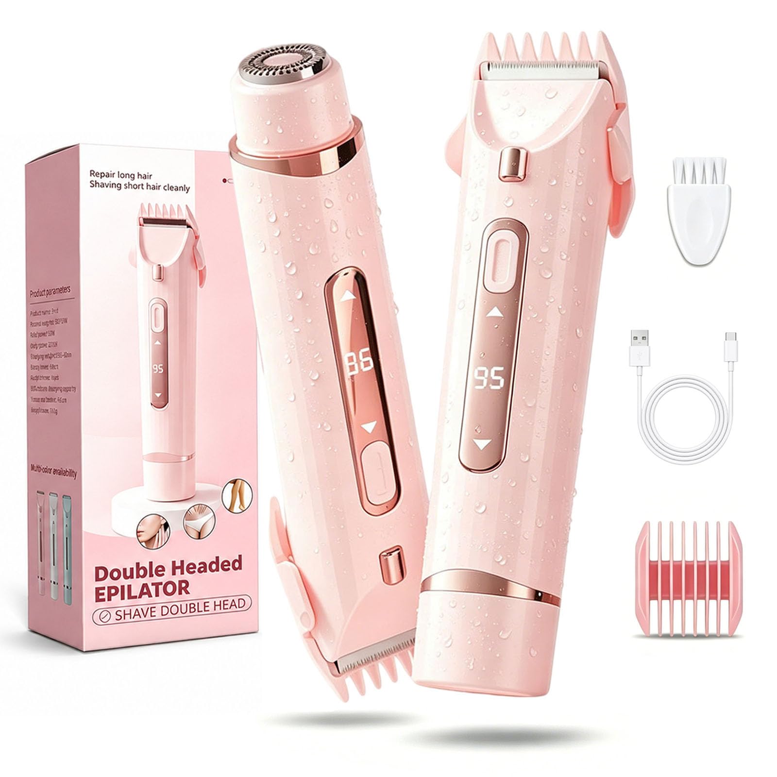 2 in 1 Bikini Trimmer für Frauen, Dual Head Elektrischer Rasierer mit LED-Licht & Digitalanzeige, Wiederaufladbare Kabellose Körperhaarentfernung für Gesicht, Achselhöhlen, Schambeine, Dual
