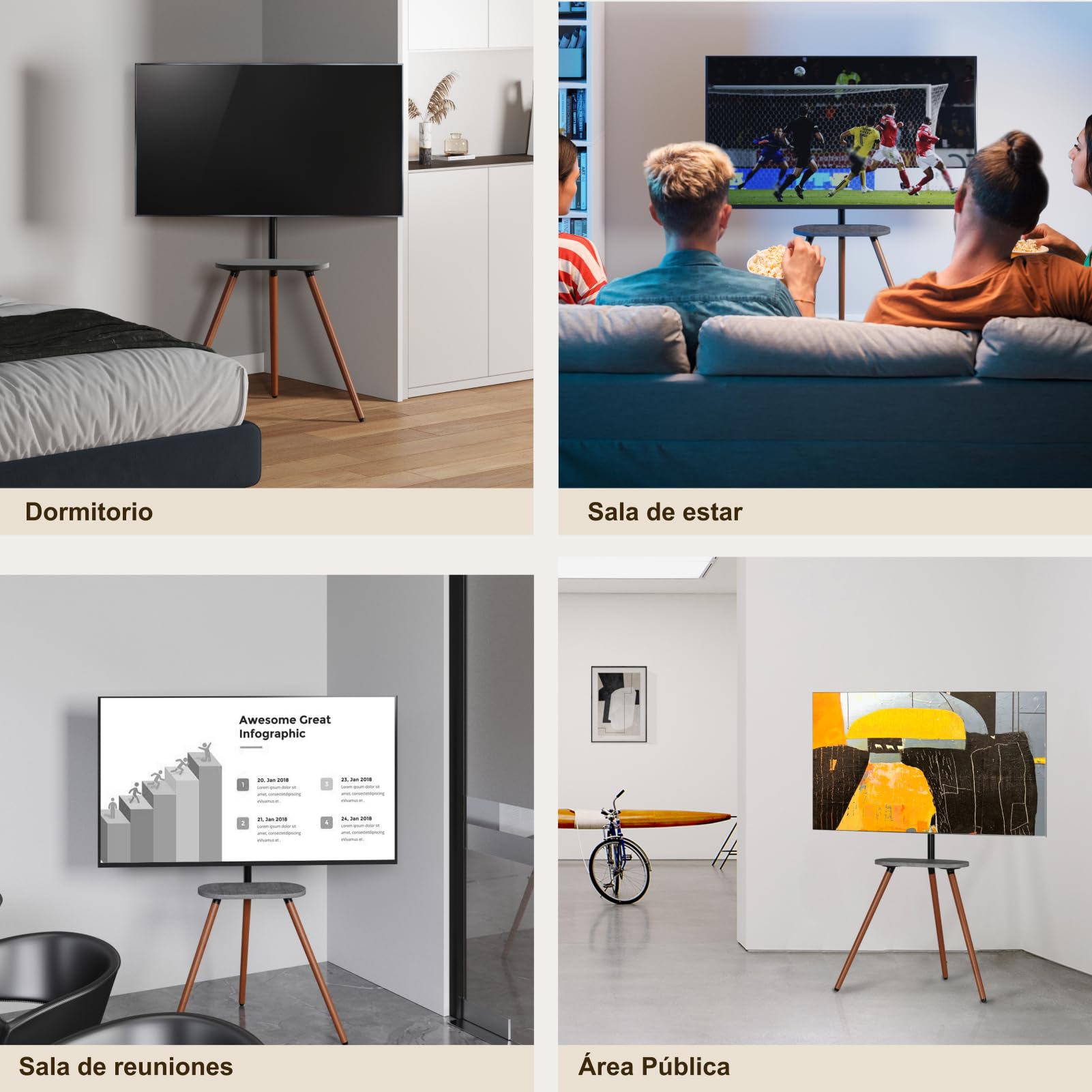 Caballete de TV para Pantalla LCD LED OLED de 43 a 65 Pulgadas | hasta 35 kg, altura regulable y orientable, soporte portátil de madera con bandeja, máx. VESA 400 x 400 mm, Madera Negra