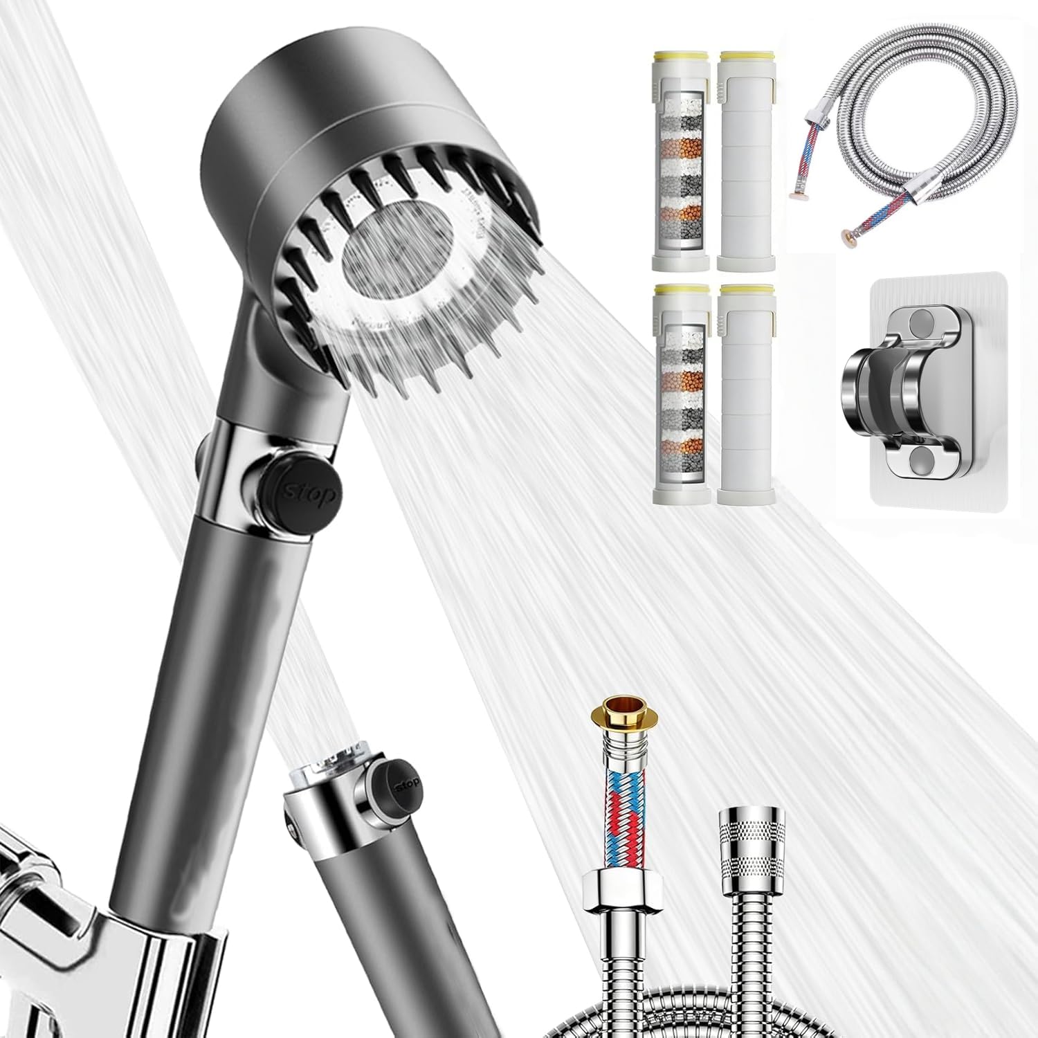 Shower Heads High Pressure, Handheld Showerhead Combo for Hard Water, 4 Modes Filtered Showerhead Set, 59" Anti-Burst Hose & Bracket Replaceable Filter for Dry Hair & Skin Protection