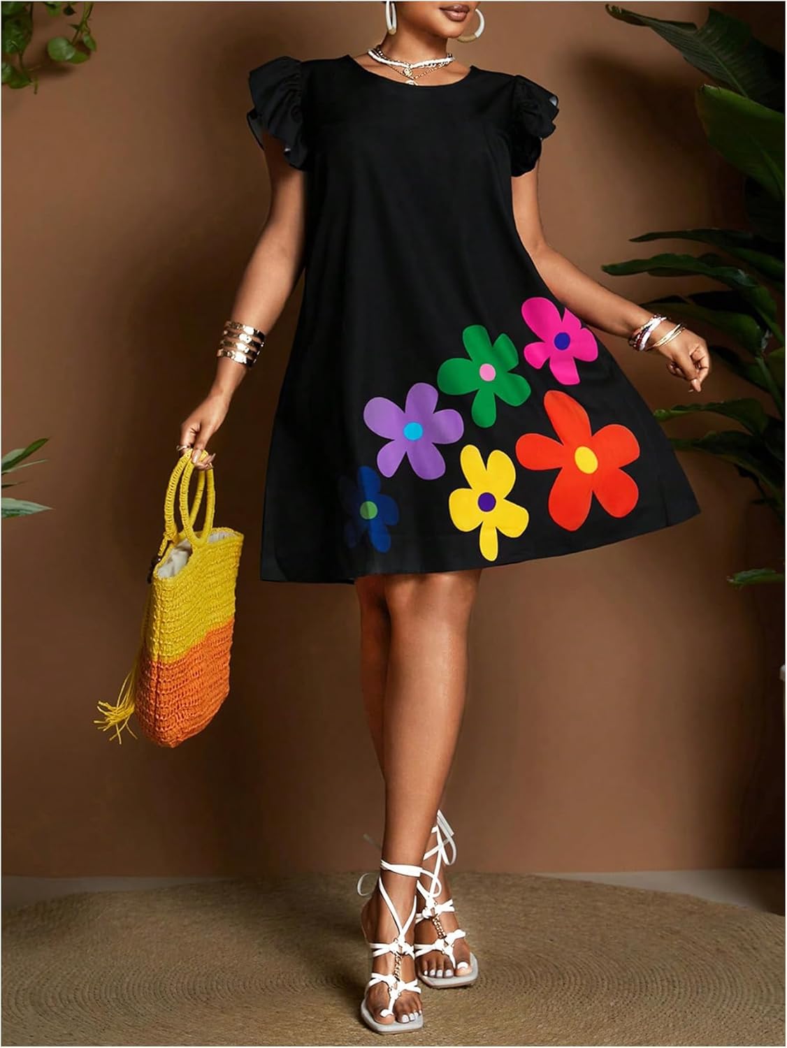 Floerns Women's Plus Size Boho Floral Tunic Dress Ruffle Cap Sleeve Summer Dresses - Image 4