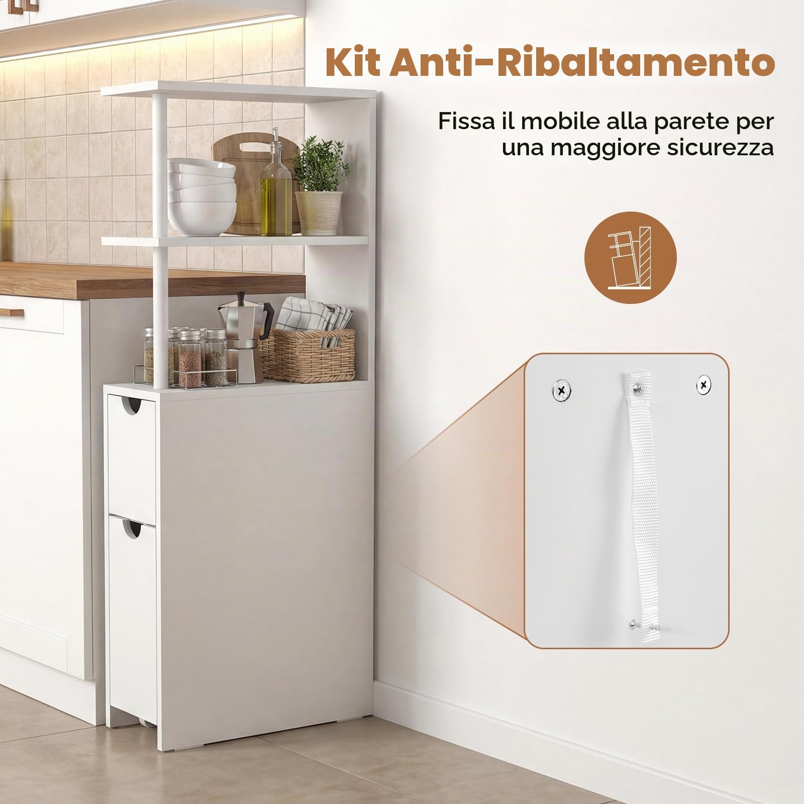 LIFEZEAL Mobile Bagno Salvaspazio Alto e Stretto, Colonna Bagno da Terra con Ripiani Aperti e Cassetti su Ruote, Organizer Armadio per Soggiorno e Cucina, Bianco, 45 × 20 × 114 cm