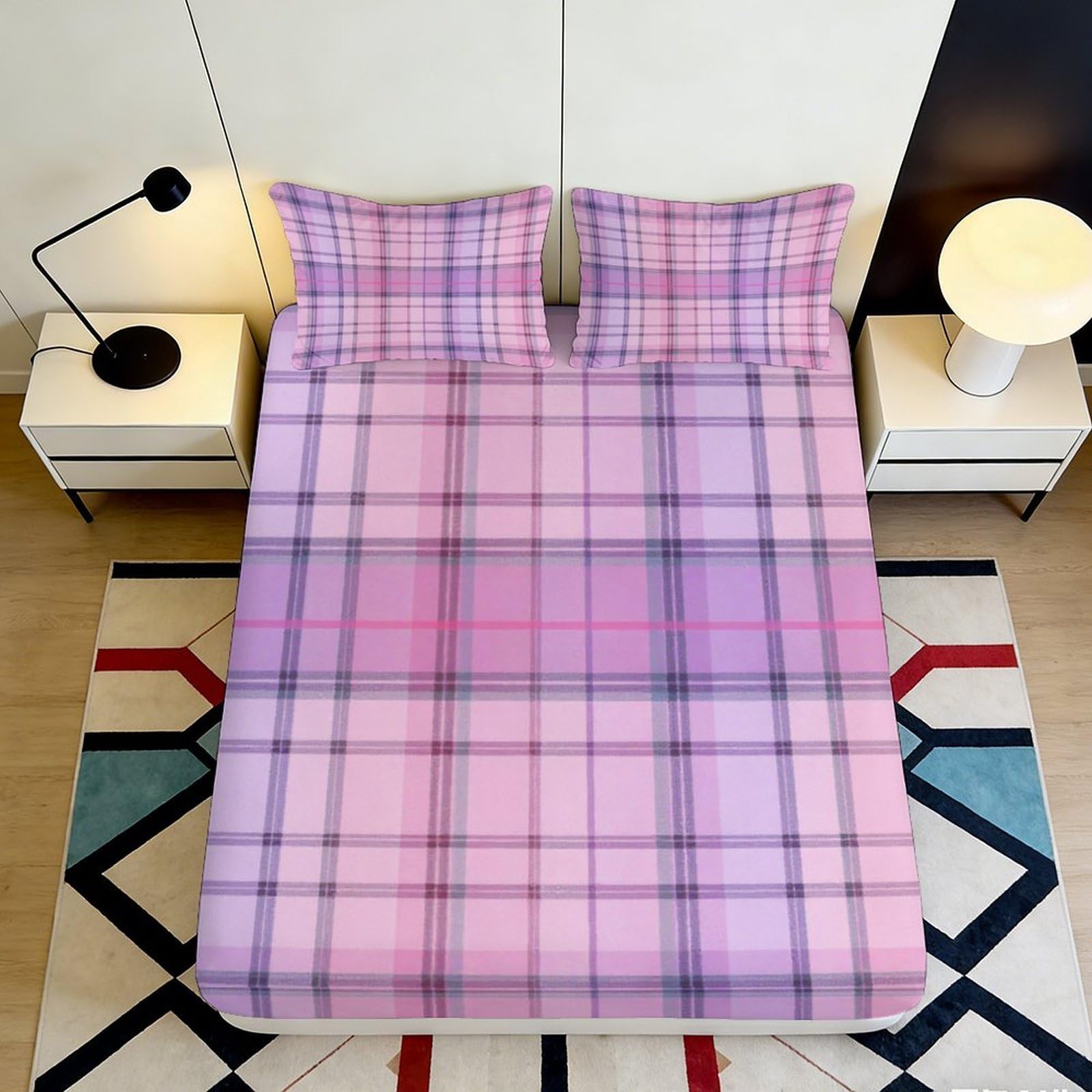 3D Printed Pink Plaid Fitted Sheet Microfiber Soft Washable Purple Check Mattress Cover for Bedroom Guest Room Decor 120x200x25cm
