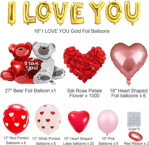 Miniatura 3 de Kit de globos de San Valentín con globos con texto en inglés "I Love You", globo de corazón, globo de oso, globos rosados, 1000 pétalos de rosa para