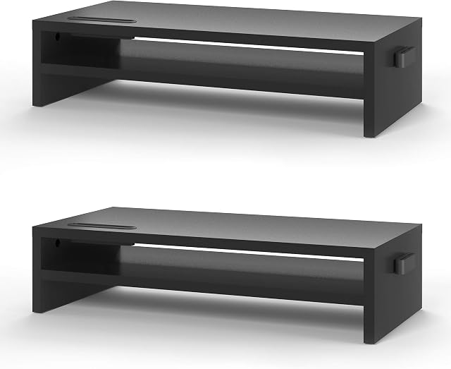 BONTEC Wood Monitor Stand Riser, Desk Monitor Stand with Smartphone Holder, 2 Tiers Ergonomic Laptop Printer Stand with Cable Management for Computer, Notebook, iMac, PC(2 Pack)