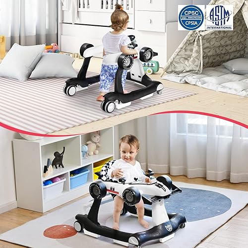 Miniatura 9 de BABY JOY Andador de bebé 4 en 1, caminante de actividades plegable con altura y velocidad ajustables, música, luces, volante, cojín de asiento,