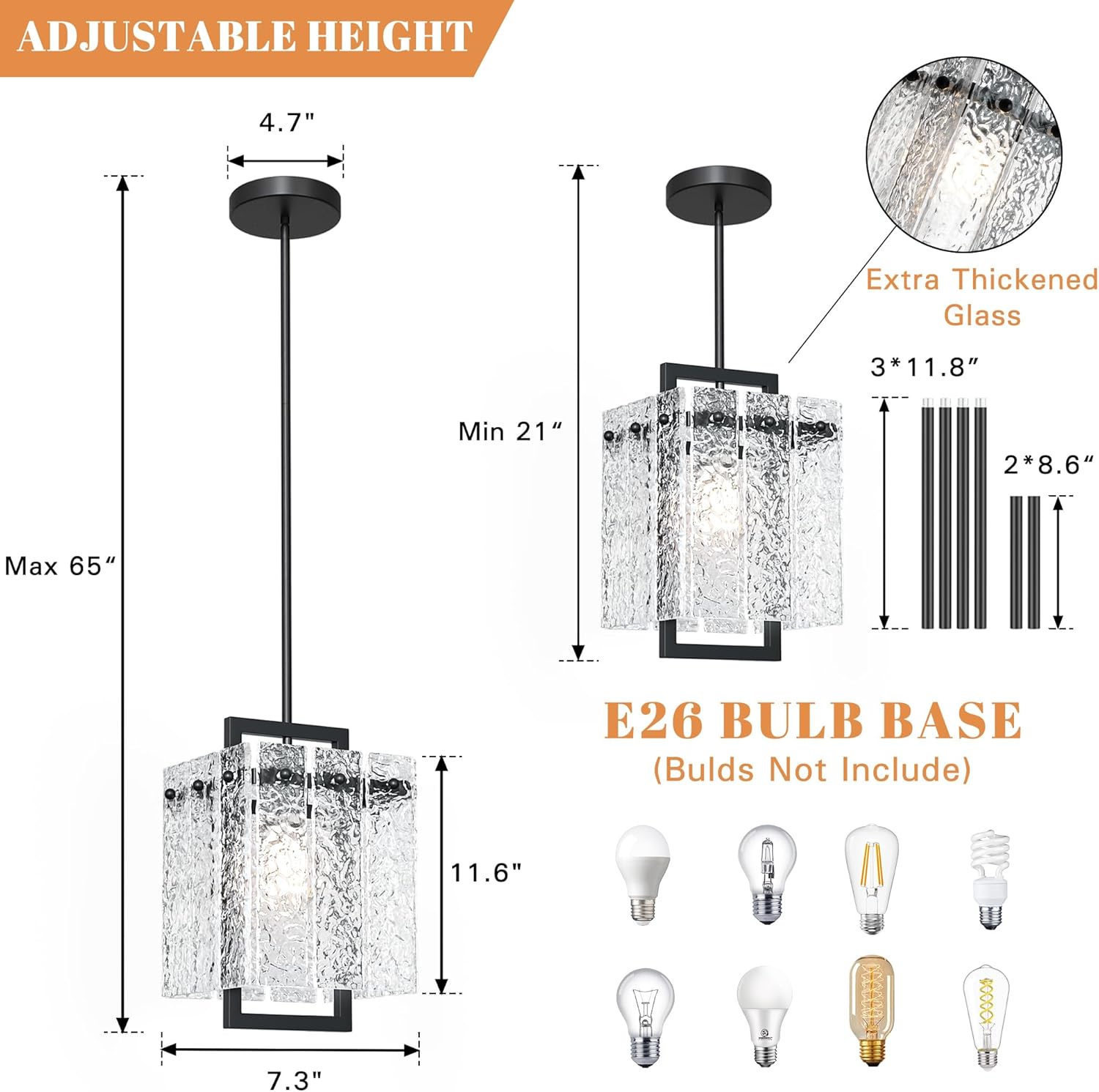 Modern Black Pendant Lights Kitchen Island, Pendant Light Fixtures with Water Ripple Glass, Elegant Adjustable Pendant Lighting, Island Lights for Kitchen, Dining Room, L7.3 x W11.6