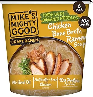 Mike’s Mighty Good Bone Broth Chicken Ramen Cup (Pack of 6) – 10g Protein Instant Ramen Noodles – Steamed Organic Noodles, Non-GMO, Seed & Palm Oil-Free – Antibiotic-Free Chicken, Rich Broth