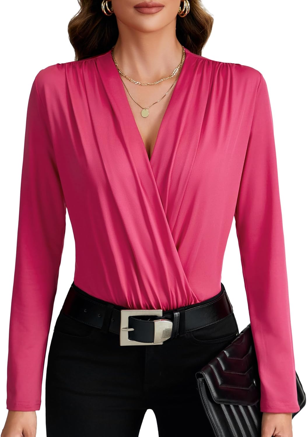 LYANER Women's Wraped V Neck Ruched Long Sleeve Leotard Bodysuit Top