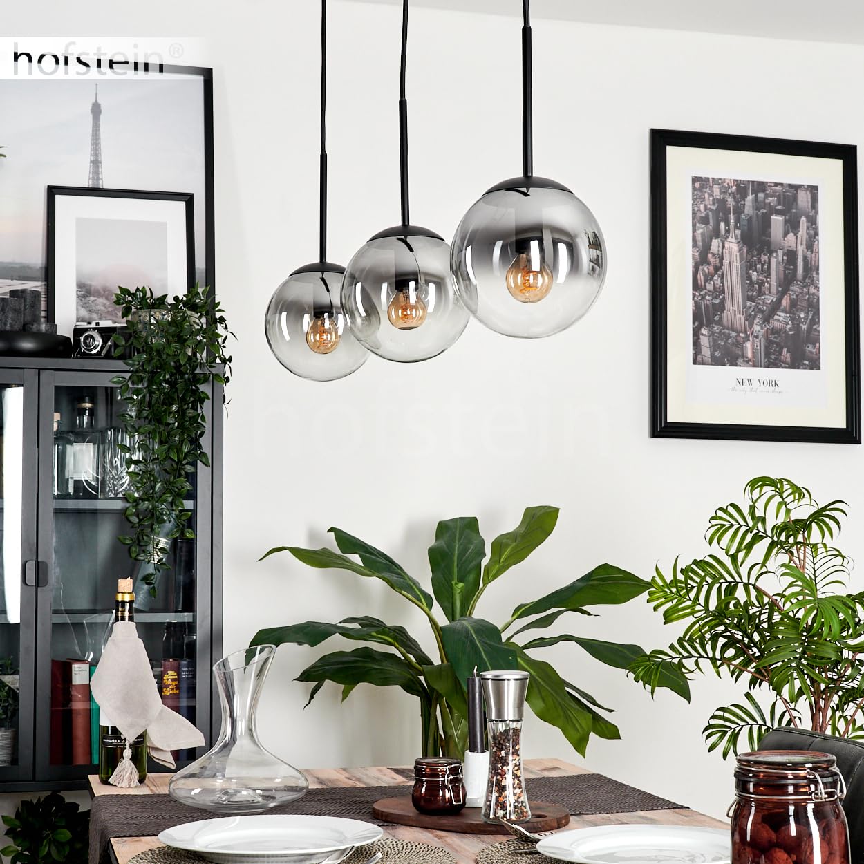HOFSTEIN Gastor - Lámpara de techo (3 focos, metal y cristal, color negro/ahumado/transparente, moderno, diseño retro, 15 cm de diámetro, E14, para comedor, cocina, salón