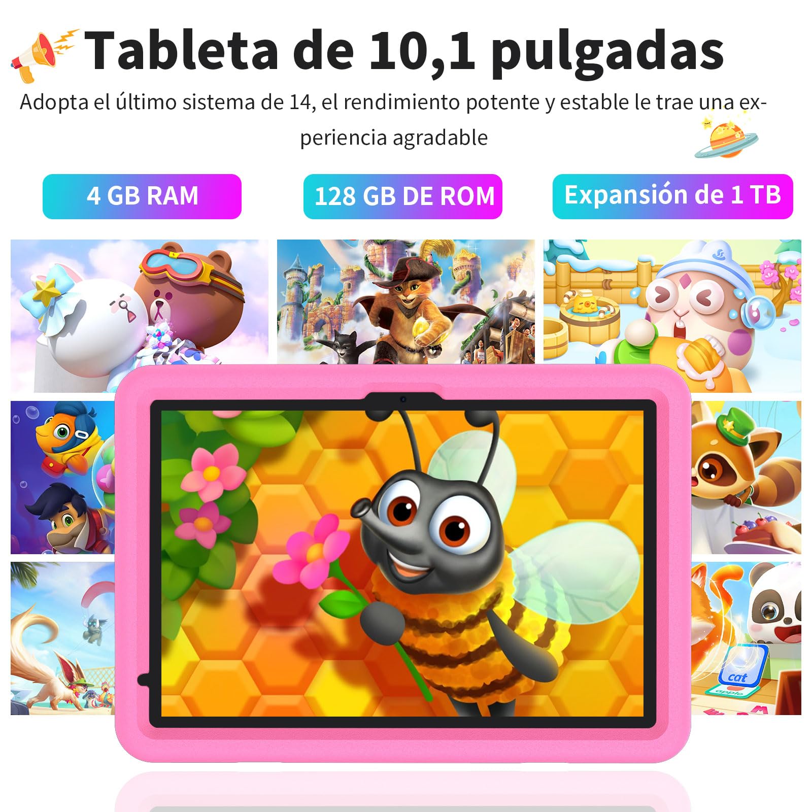 VASOUN Tablet infantil de 10 pulgadas con carcasa, Android 14, 5G WiFi, 128 GB de ROM, cámara dual, 8000 mAh, protección infantil, software infantil preinstalado, educativa (rosa)