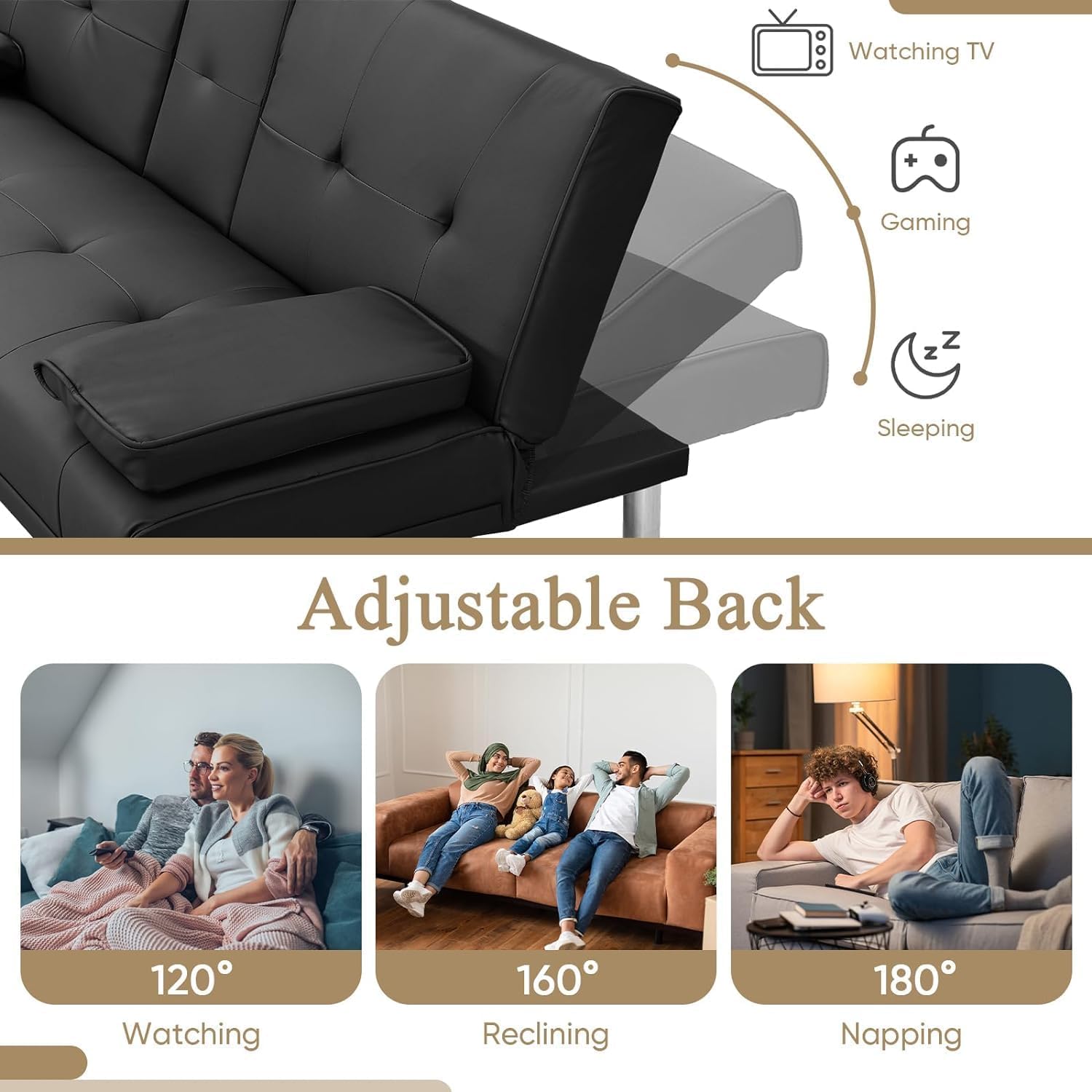 Diagram showing the three adjustable backrest positions of the futon sofa bed: 120 degrees for watching, 160 degrees for reclining, and 180 degrees for napping.