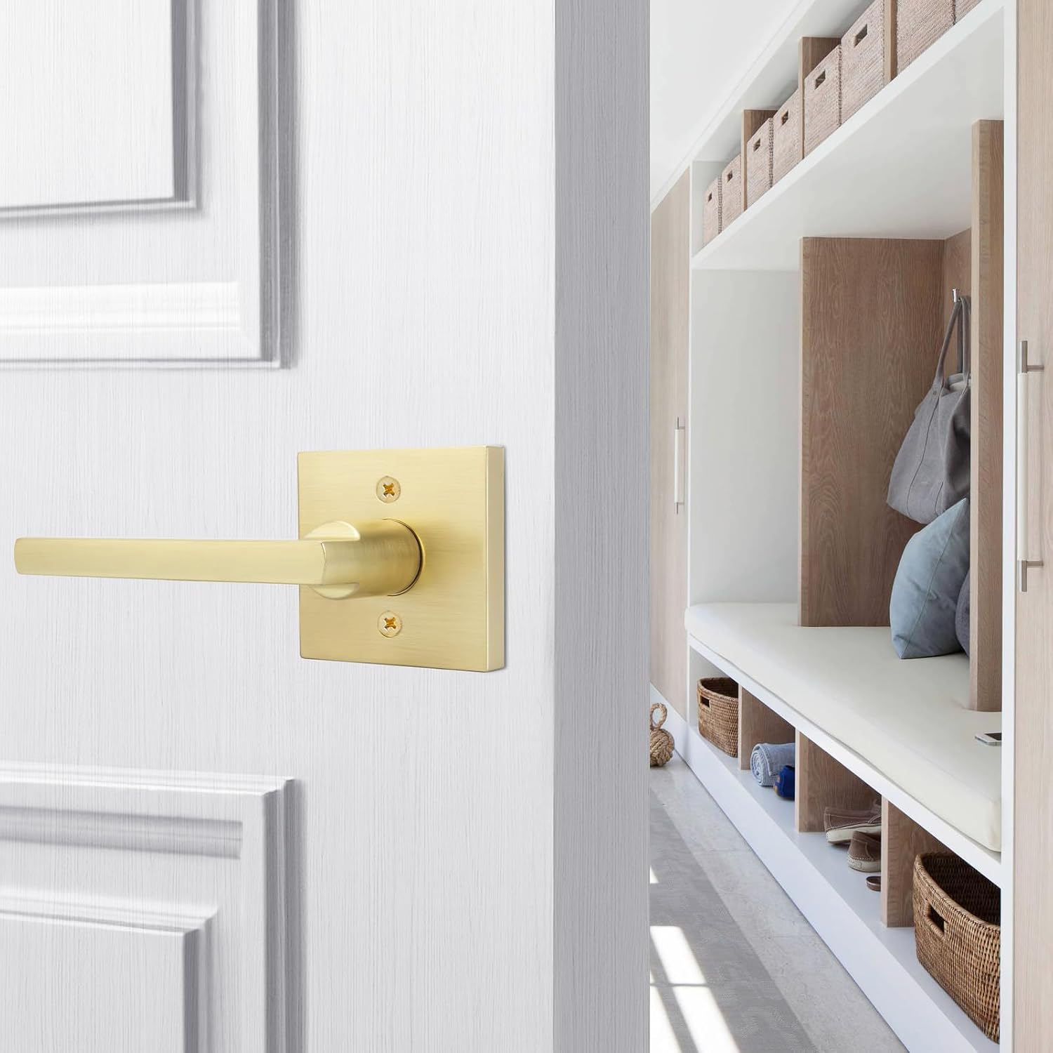 goldenwarm Gold Dummy Door Handles, No-Turning Brushed Brass Door Dummy Levers, Brushed Gold Dummy Handle（2 Pack）