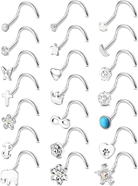 ADRAMATA 21Pcs 20G Nose Rings Studs Stainless Steel L-Shaped Screw Shaped Nose Piercing Jewelry for Women Men