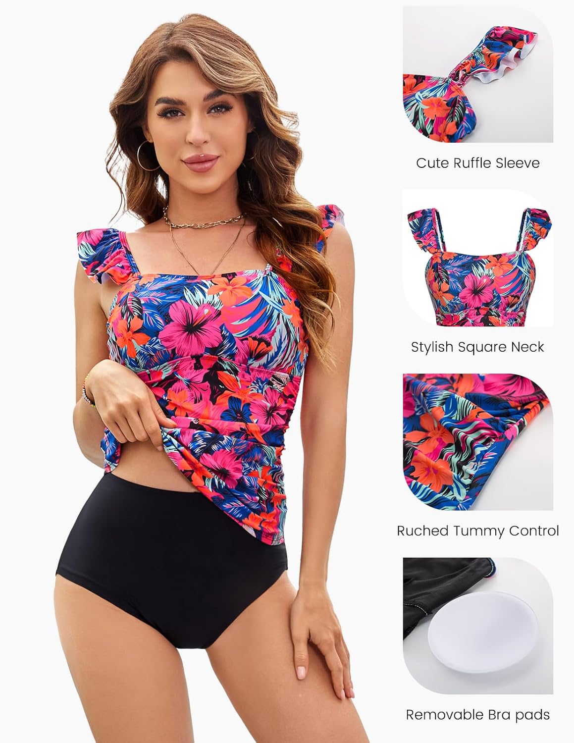 Kate Kasin 2025 Two Piece Tankini Swimsuits for Women High Waisted Tummy Control Floral Swimwear Ruched Padded Bathing Suits - Image 2