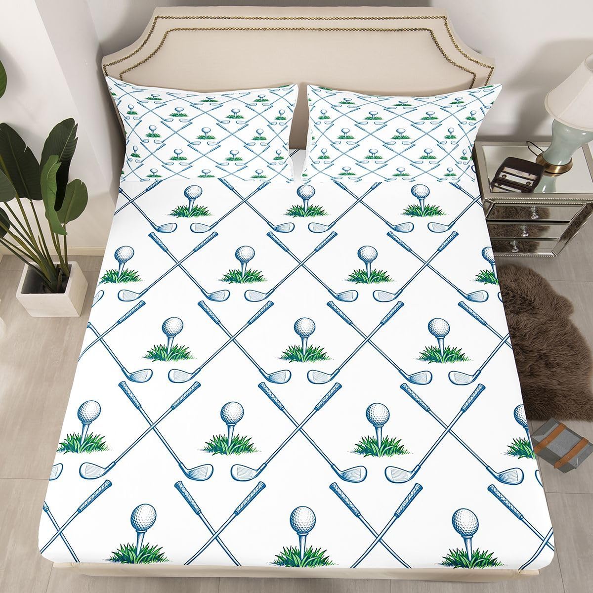 Erosebridal Golf Bed Sheets Queen Size Golf Club Sheet Set Sport Game Athlete Grass Leaf Branches Bedding Set for Men, Room Decorative Fitted Sheet, White Green Blue Flat Sheet