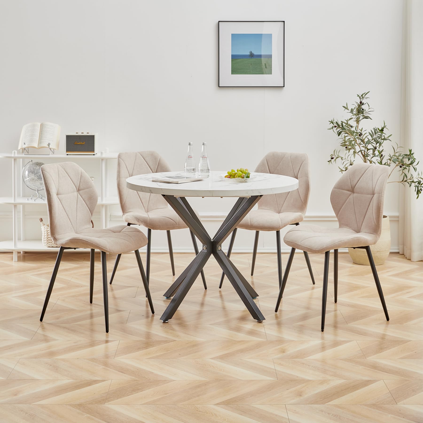 GrandCA HOME Lot de 4 Chaises de Salle à Manger, Chaises de Cuisine Nordiques, Chaises Rembourrées avec Pieds en Métal, Coussins en Tissu Losange, Beige-R