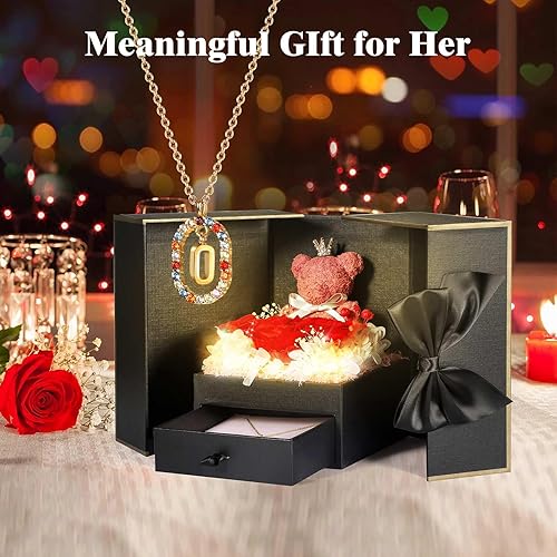 Miniatura 2 de Regalos de cumpleaños para mamá de hija, hijo, rosas reales preservadas con collar inicial O, regalo significativo de aniversario para novia, esposa