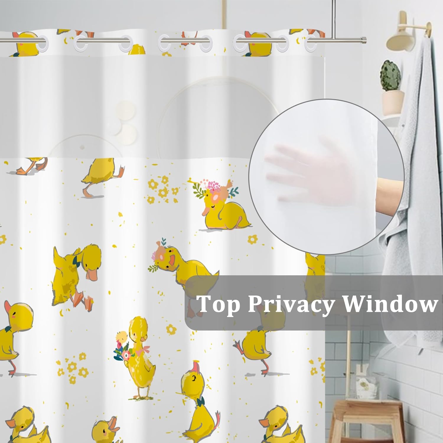 Baocicco No Hook Cartoon Baby Duck Shower Curtain with Snap in Liner Lovely Yellow Baby Duck Decorative Double Layers with See Through Mesh Top Window Hotel Shower Curtain and Liner Set 71x83 Inch