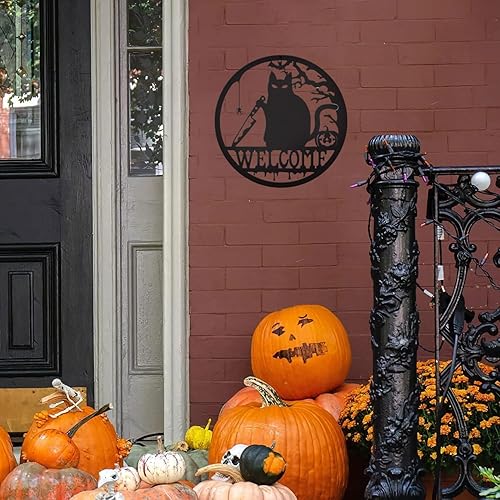 Miniatura 7 de Letrero de bienvenida gótico, decoración de Halloween, letrero de bienvenida de gato de 12 x 12 pulgadas, decoración de metal para porche al aire