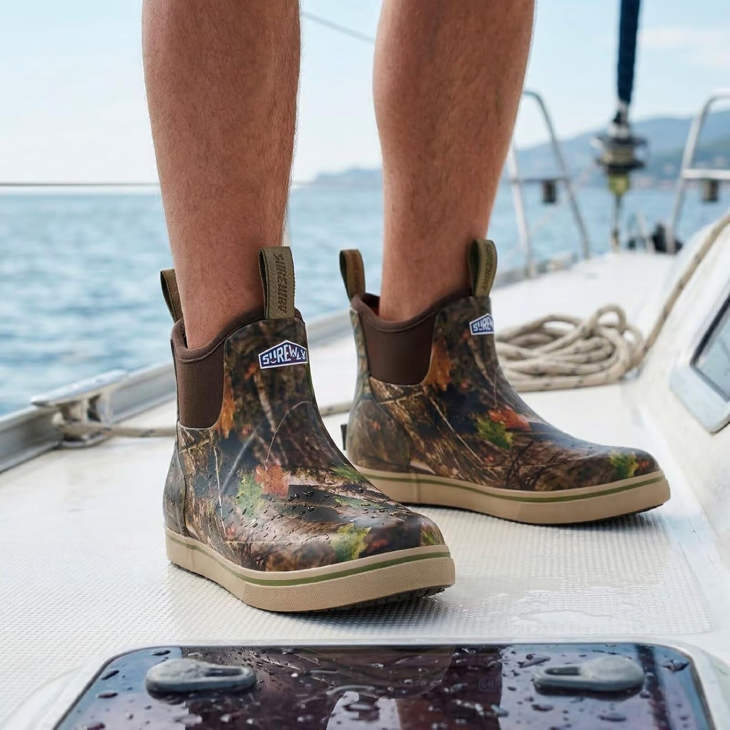 SUREWAY Men's Deck Boots Professional Non-Slip Fishing & Ankle Boating Boot Waterproof Rain Boots, Lightweight Neoprene Rubber Deck Boots