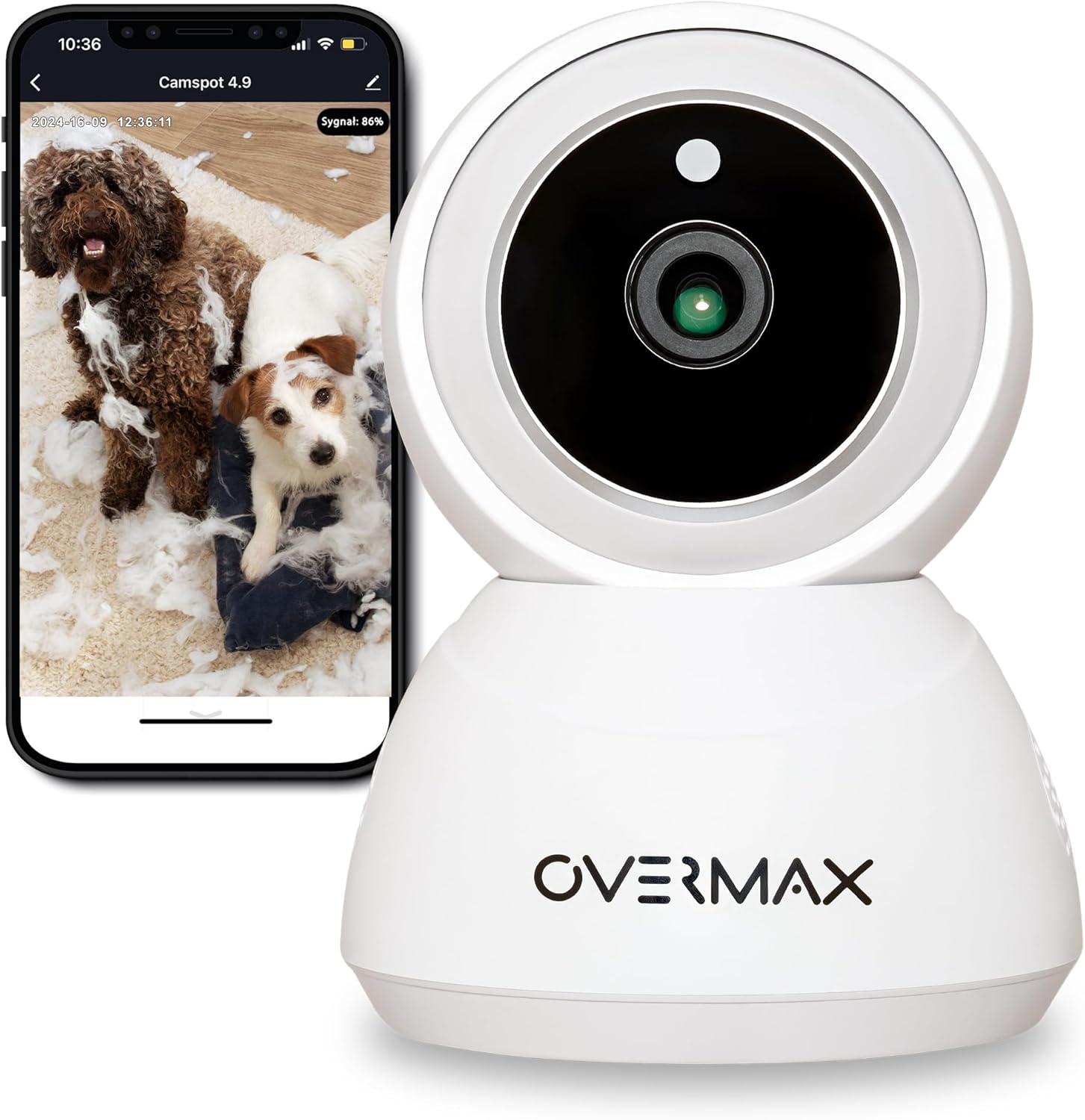 Overmax Camspot 3.7 camera with a smartphone displaying its live feed