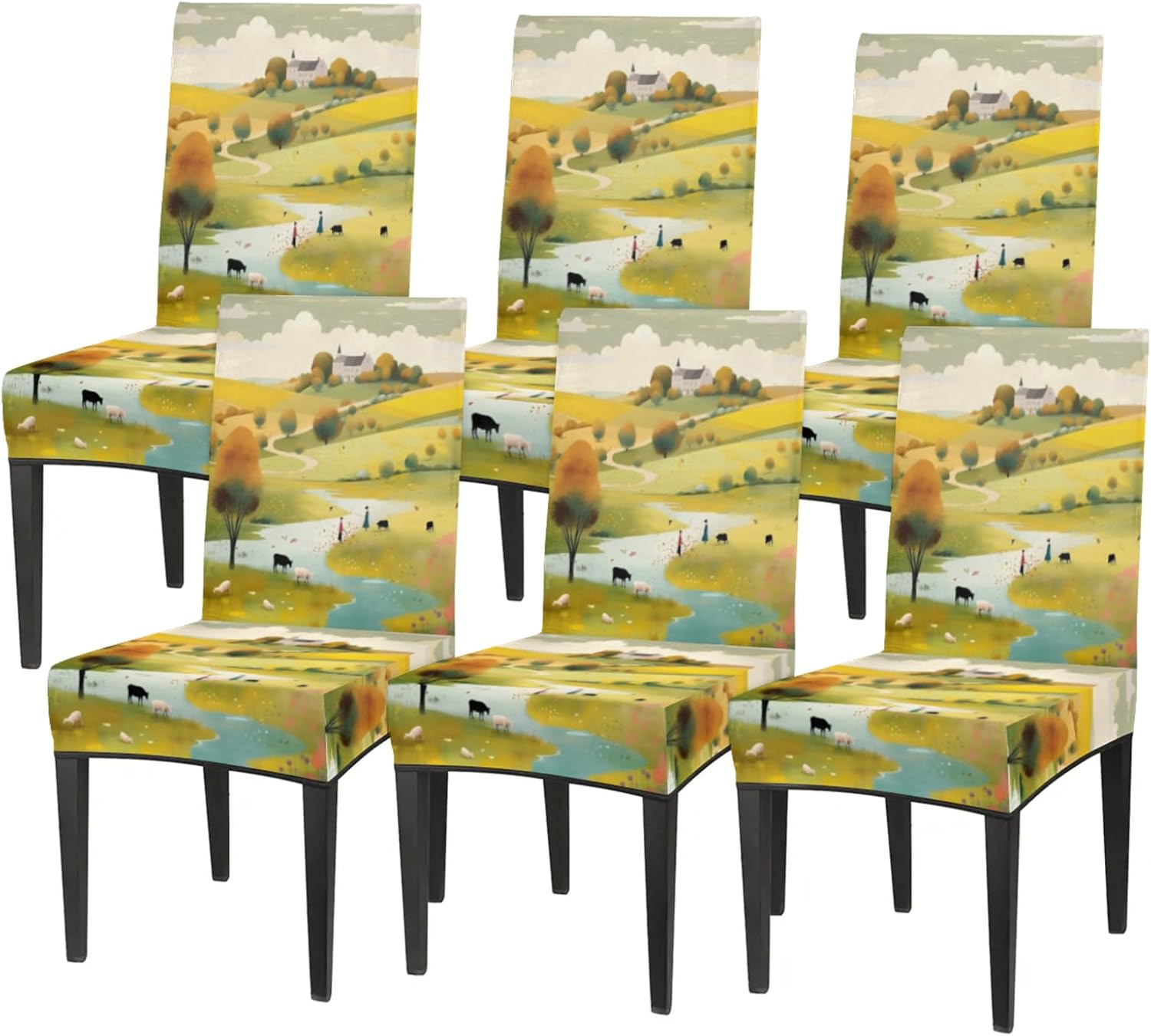 QsirBC Prairie Sheep Landscape Stretch Dining Room Chair Covers Set of 4 Chair Slipcovers Removable Washable Kitchen Seat Covers Chair Protectors for Hotel Party Wedding
