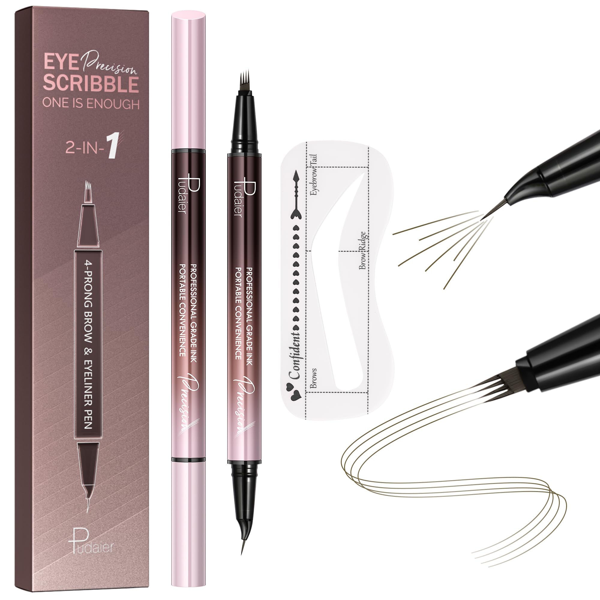 Waterproof Microblading Eyebrow Pen,2-in-1 Dual Ended Eyebrow Pen & 10 Eyebrow Stamp,4-Fork-Tip & Precise Brush-Tip for Natural Hair-Like Brows, Perfect Eyebrows Makeup. Deep brown