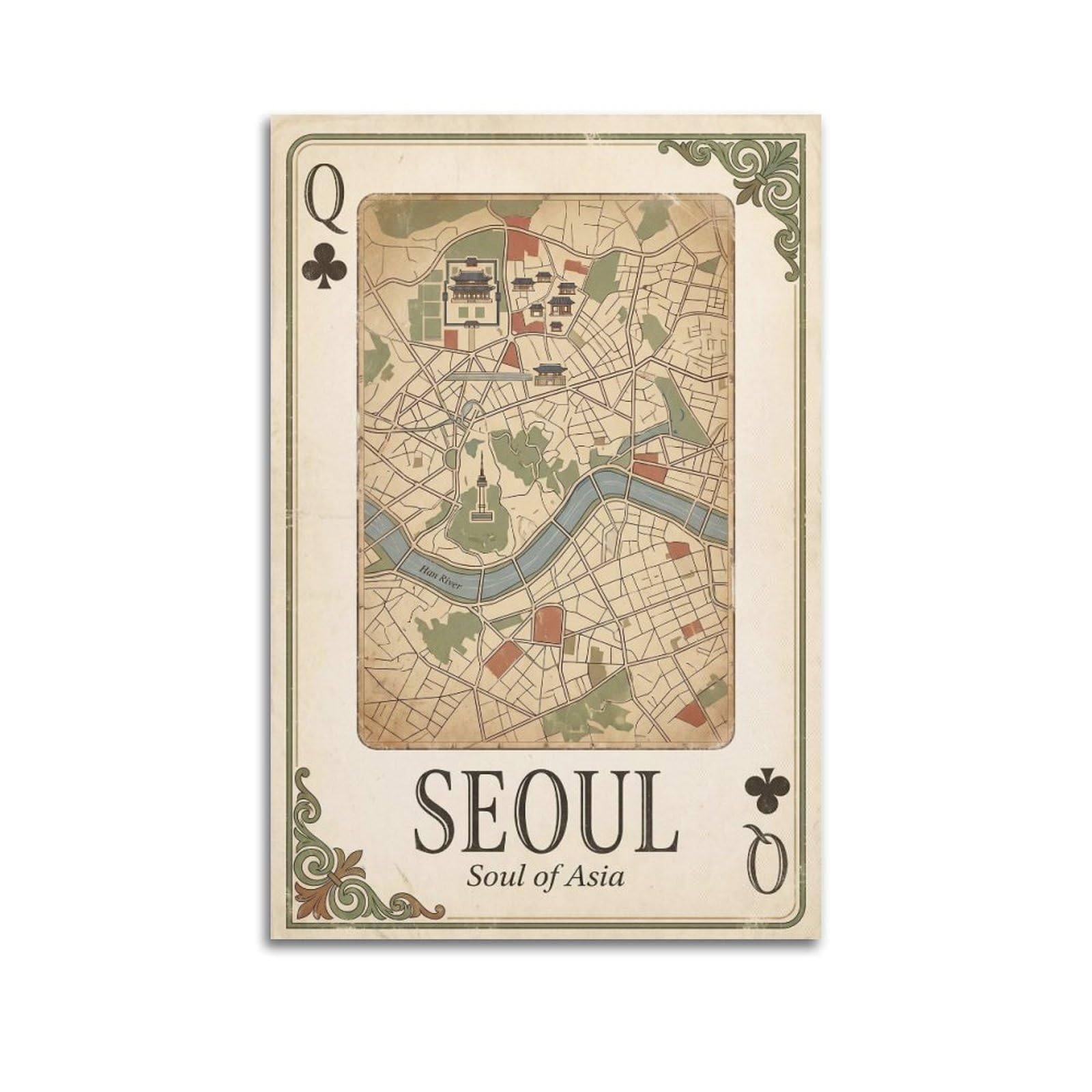OKNGB Vintage City Map Poster Seoul Palace Korea City Playing Card Style Decorative Painting Canvas Art Picture 20x30inch(50x75cm)