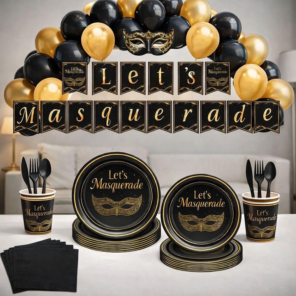 Masquerade Party Decorations Set – Elegant Black & Gold Masquerade Party Supplies with Banner, Plates, Cups, Napkins, Balloons & Cutlery for Birthday, Prom & Formal Parties