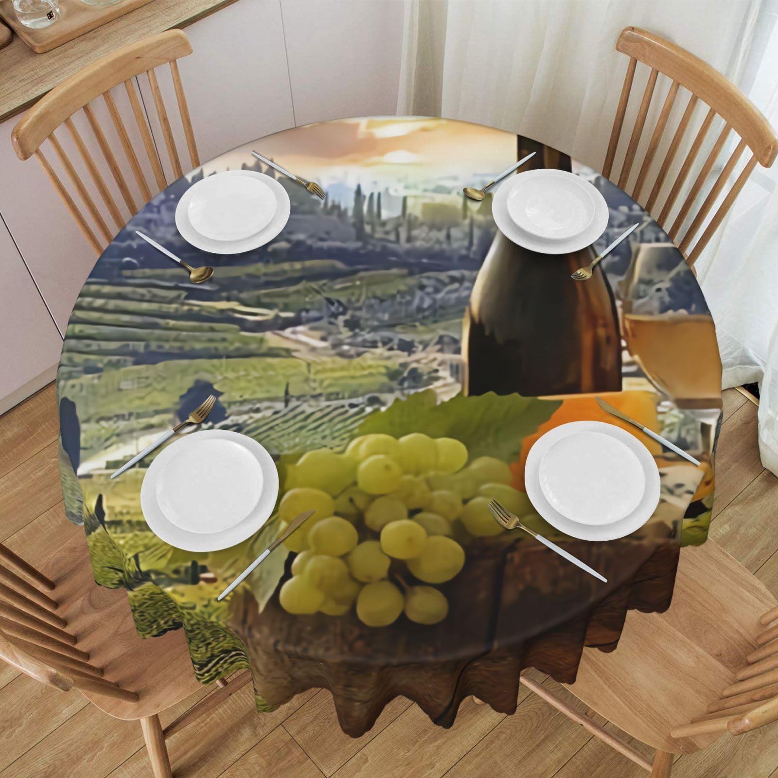 DCEHGEW 60 In Round Tablecloth with Lace, Vineyard Printed Oilproof & Washable Fabric Picnic Table Cloth Table Covers