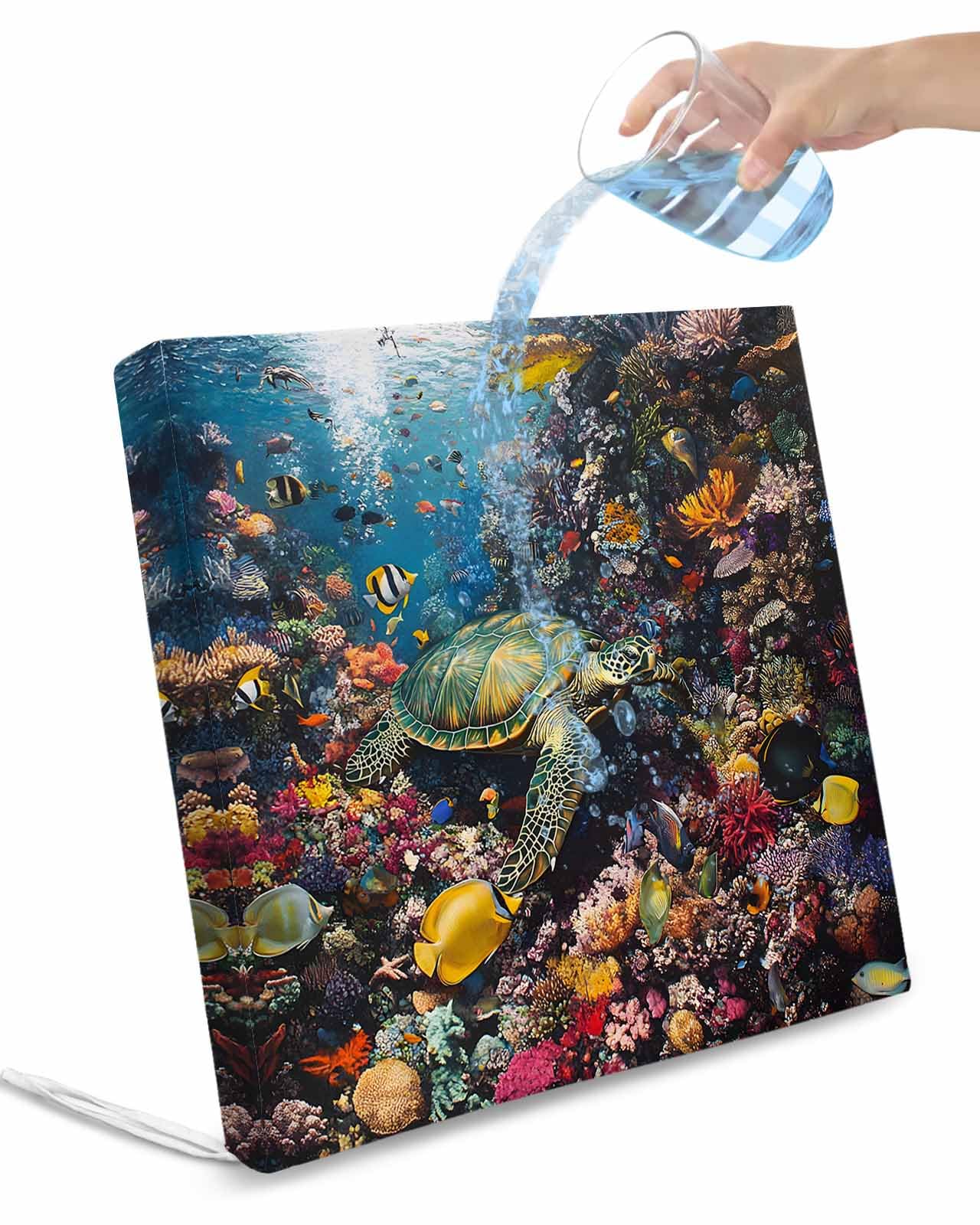 2 Pack Summer Turtle Waterproof Cushion Covers with Ties, Outdoor Patio Chaise Lounge Chair Seat Cushion Slip Covers Replacement(Only Cover) Beach Ocean Coral Colorful Tropical Fish 22