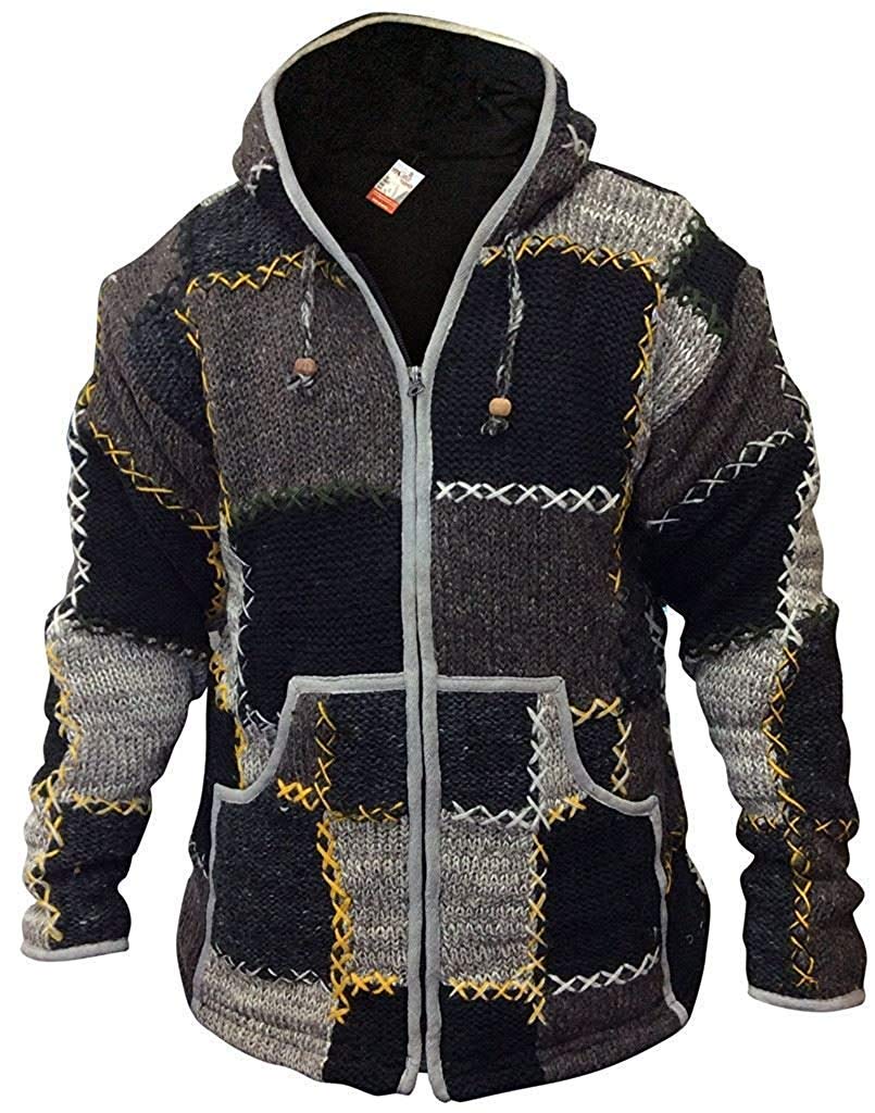 SHOPOHOLIC FASHION Mens Wool Patchwork Fleece Lined Hippy Zip Up Hooded Winter Jackets, 2XL