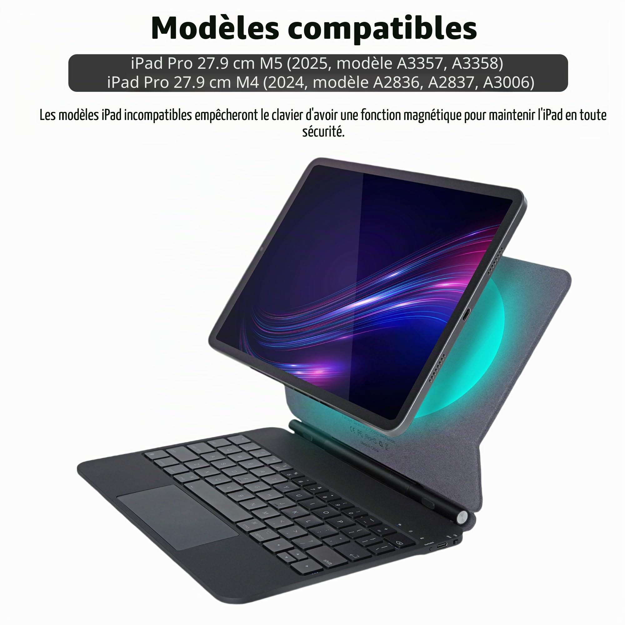 Magic Keyboard Étui pour iPad Pro 11 pouces M4 2024 / M5 2025, Étui clavier magnétique avec trackpad multi-touch, rétroéclairage, léger, QWERTZ