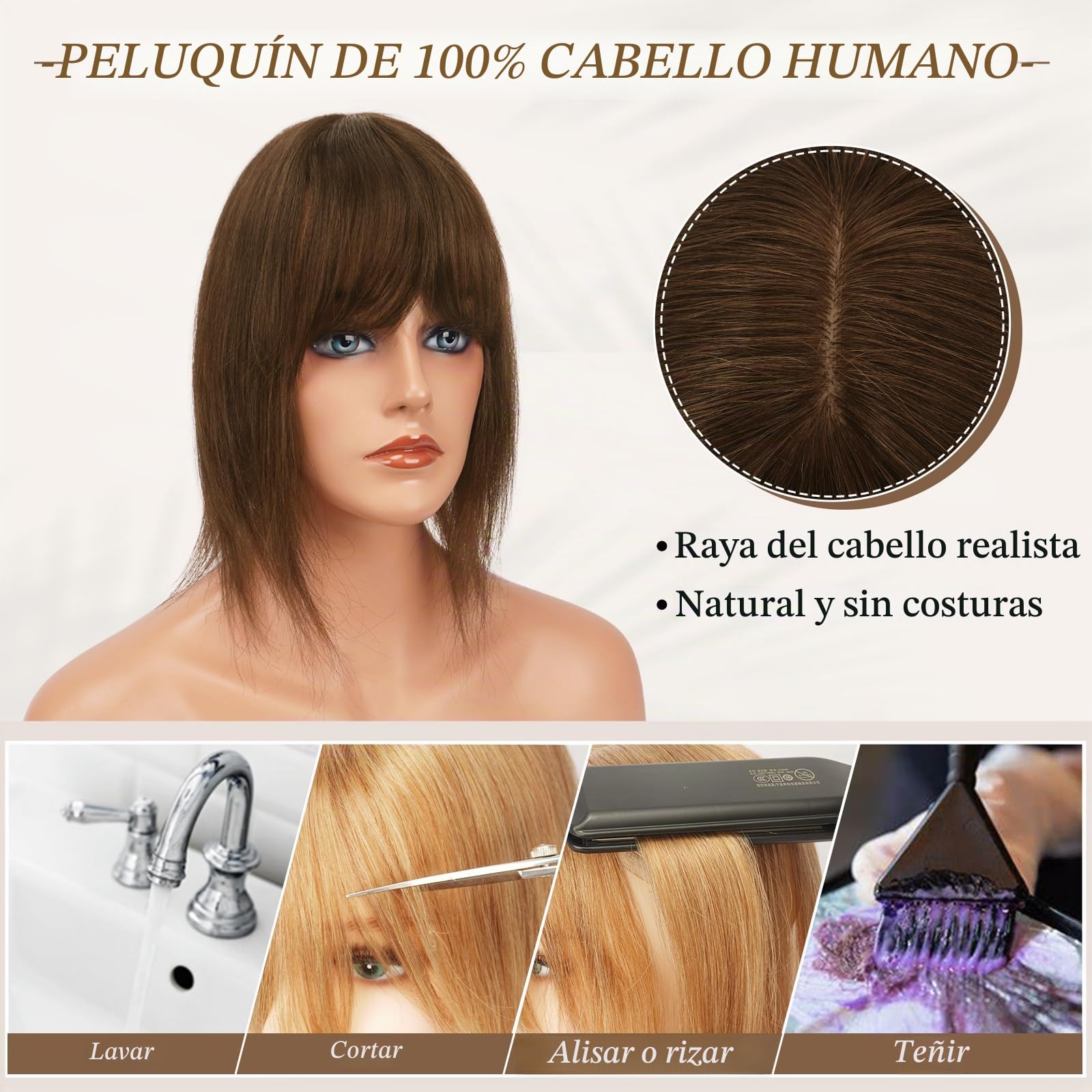 RUWISS Cabello Humano para Mujeres Corona de Extensiones de Cabello Corto Pelucas para el Adelgazamiento del Cabello 7.5 * 13CM Base de Seda 100% Cabello Humano Clip in Topper 30cm 40g (Marrón medio)