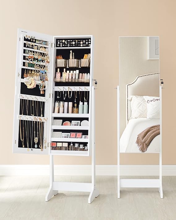 SONGMICS Jewelry Cabinet, Standing Mirrored Cabinet, Frameless Full Size Mirror with 2 Separate Makeup Supplies Regulators, Lockable, For Necklaces, Earrings, Makeup, White, Jjc002W01