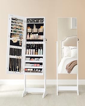 SONGMICS Jewelry Cabinet, Standing Mirrored Cabinet, Frameless Full Size Mirror with 2 Separate Makeup Supplies Regulators, Lockable, For Necklaces, Earrings, Makeup, White, Jjc002W01