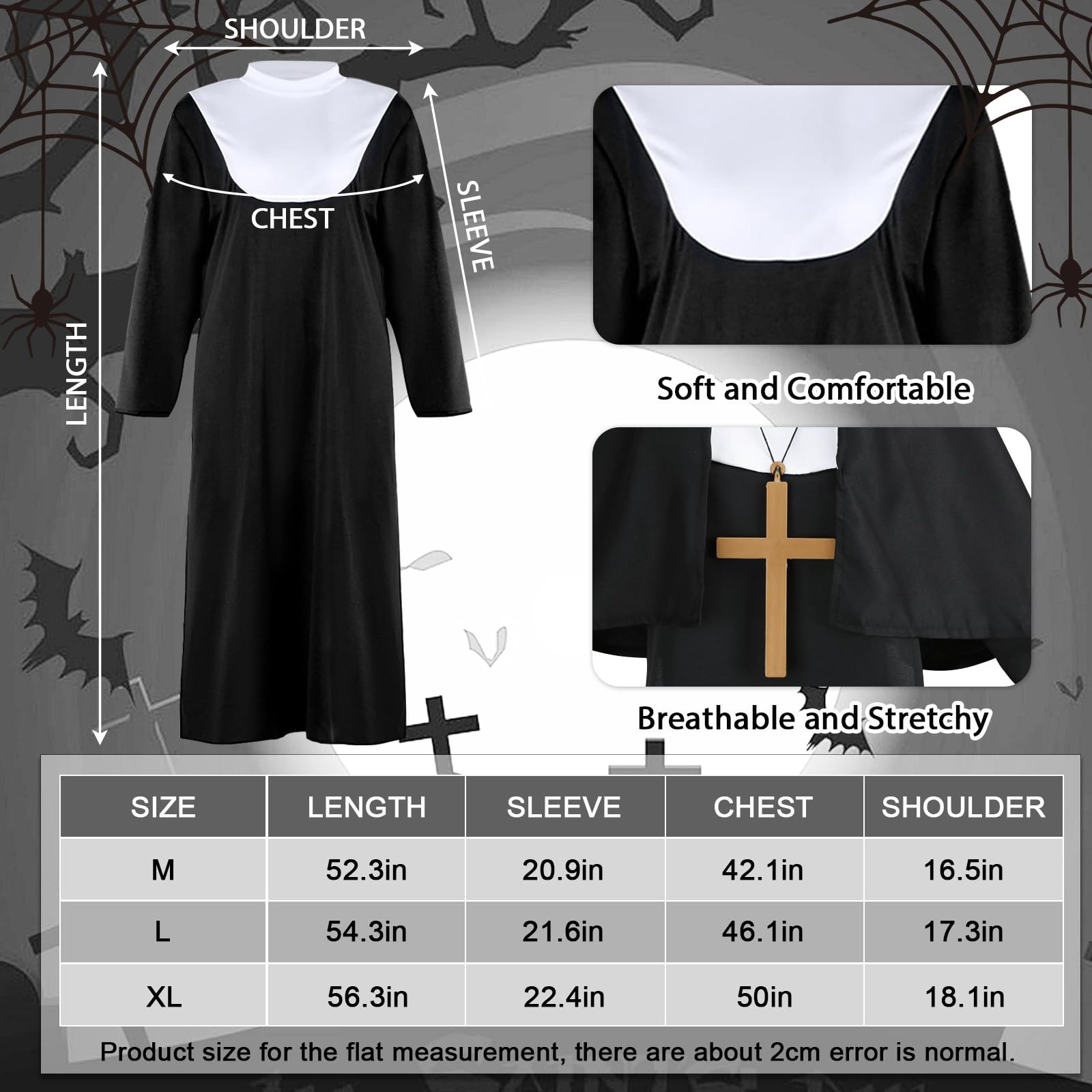 Bryndo Nun Costuem Set for Women Nun Fancy Dress Kit for Halloween Cosplay-M, Black - Image 2