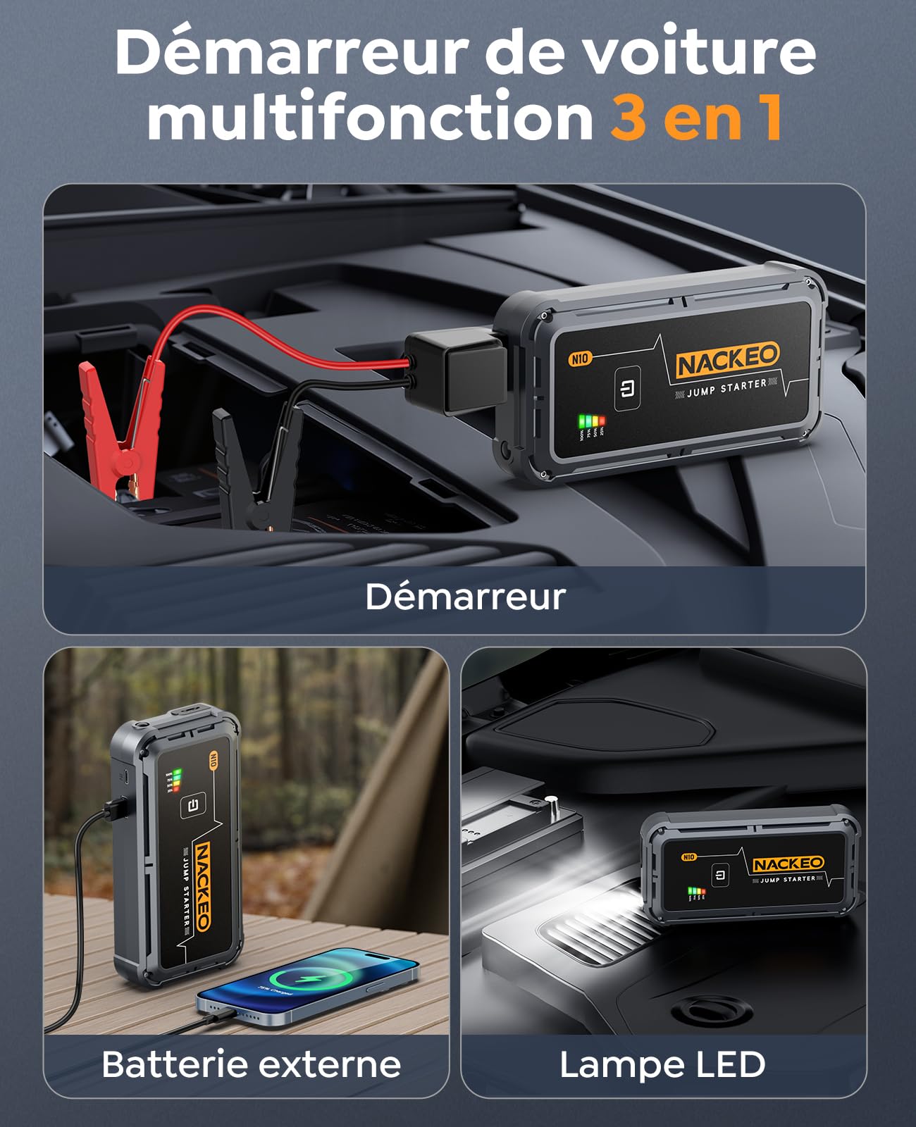 5000A Booster Batterie Voiture, 12V Démarreur Batterie Voiture pour Moteurs Essence Jusqu’à 9L et Diesel Jusqu’à 8,5L, avec Câbles de Démarrage et Lampe LED 500 Lumens, pour SUV, Moto et Tondeuse