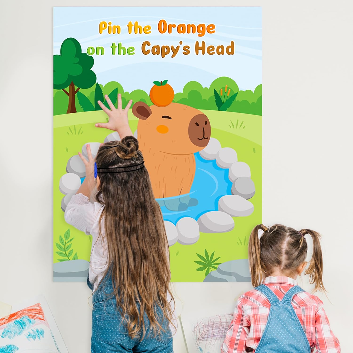 CY2SIDE Capy Pin the Tail Games, Pin the Orange On the Capy’s Head Party Sticker Games for Kids, Large Fun Animal Poster with 8 Sheet Orange Sticker for Kids Birthday Summer Party Decoration