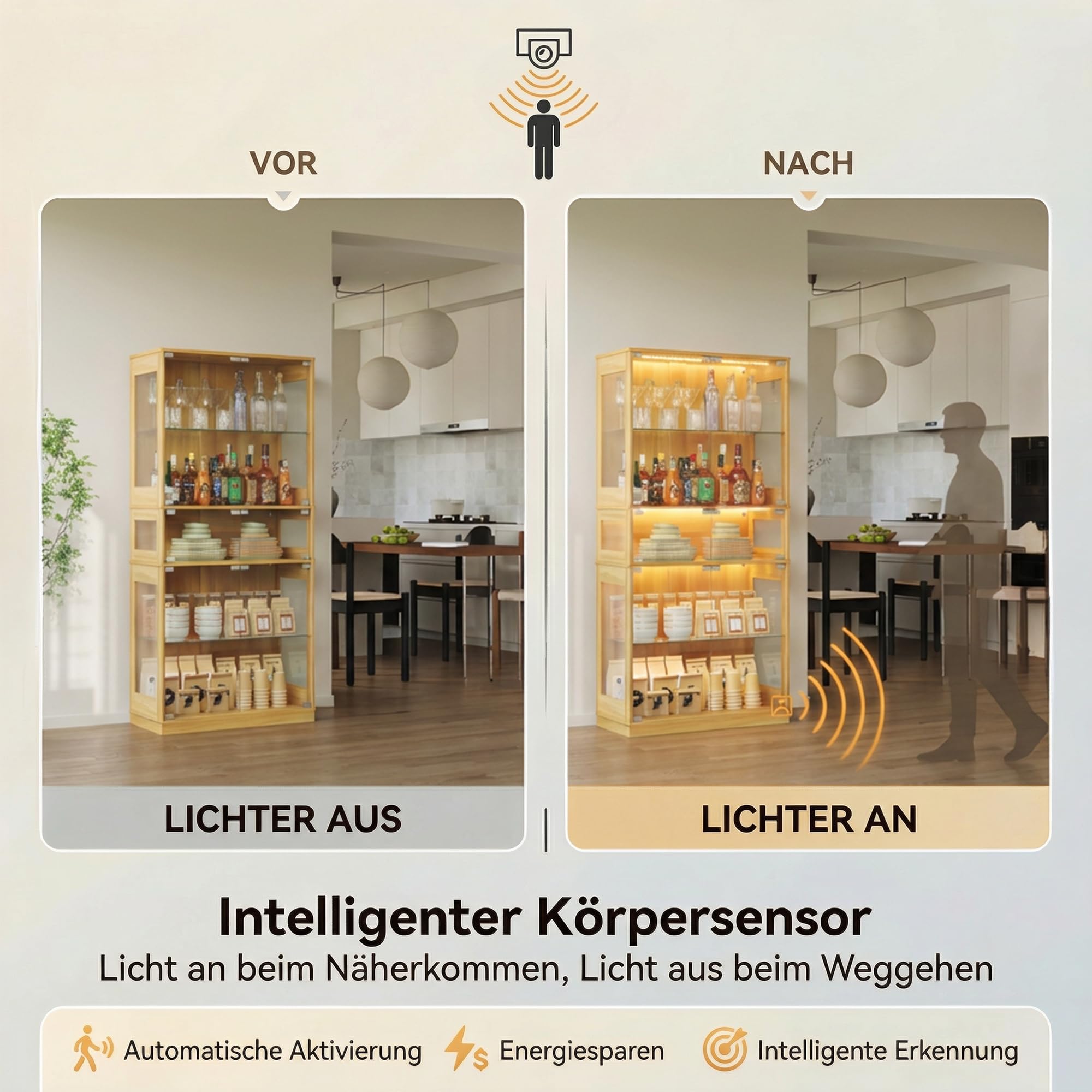 ZKIODV Glasvitrine mit LED Beleuchtung, 5-Lagen Vitrinenschrank Glas Stehend, Holz Vitrine mit Intelligente Sensorik, Sammlervitrine Staubdicht für Wohnzimmer Schlafzimmer Büro - 165x80 cm (Eiche)