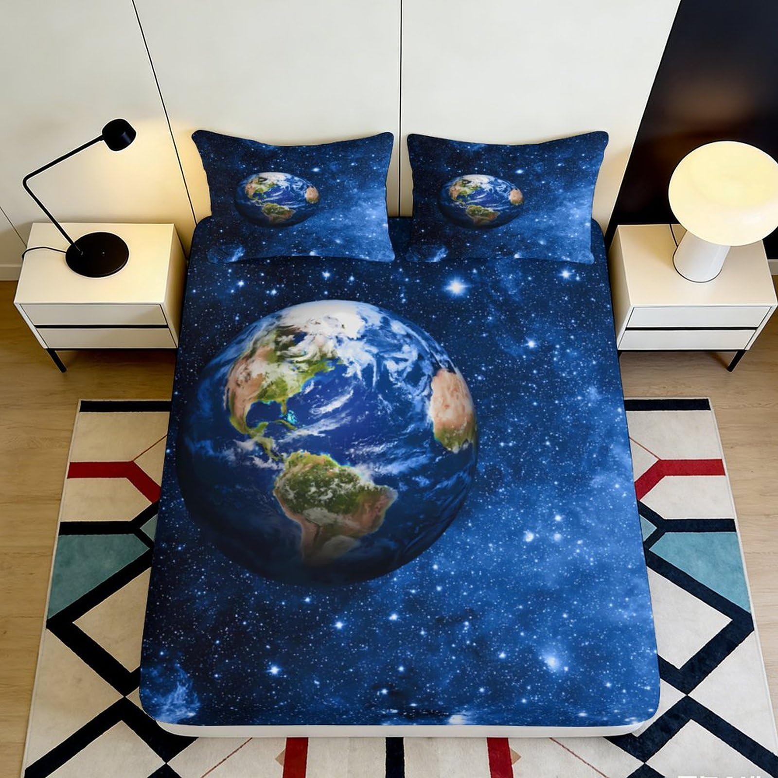 3D Printed Earth Space Fitted Sheet Microfiber Breathable Cosmic Universe Mattress Cover for Bedroom Dorm Decor Washable 90x200x25cm